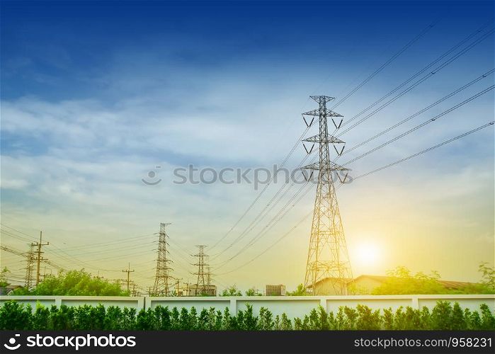 High voltage towers and blue sky background