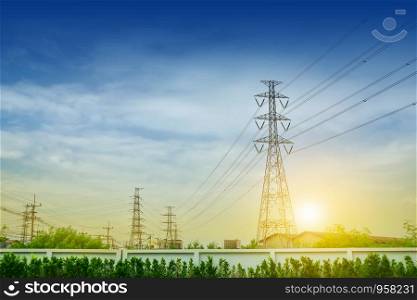 High voltage towers and blue sky background