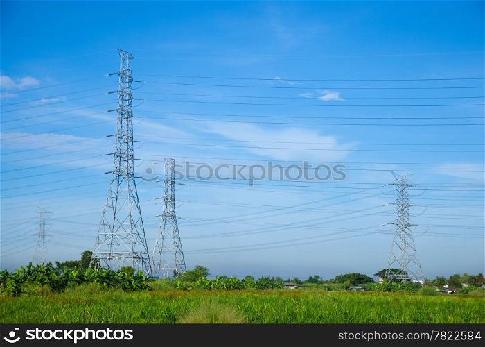 High voltage towers. The meadow below. Industry and nature coexist in appropriate Slightly cloudy sky.