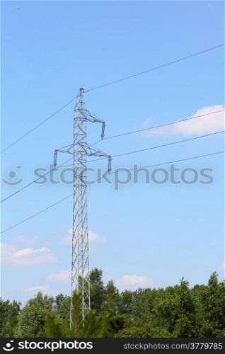 high-voltage wire tower electrical power lines and pylons against blue sky