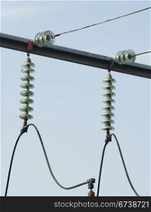 High-voltage wires and transformers. Electrical distribution station