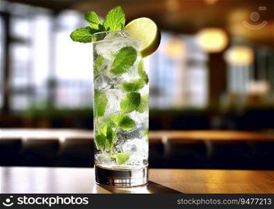 Highball glass of mojito cocktail on bar counter.AI generative