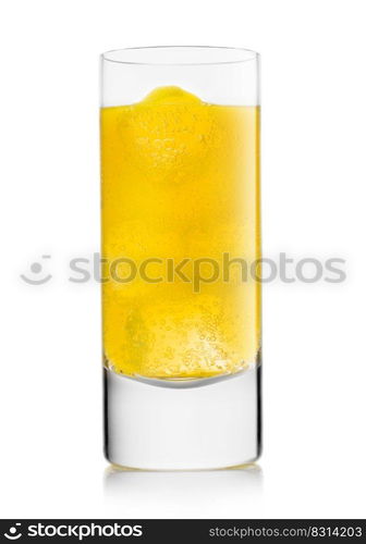 Highball glass with orange soda soft drink on white.