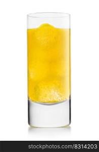 Highball glass with orange soda soft drink on white.
