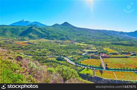 Highland countryside in Tenerife and Teide volcano in the background, The Canary Islands, Spain - Rural landscape