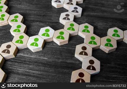 Highlighted people connection chain. Cooperation for solving tasks. Networking. Connecting of people. Assistance and collaboration. Unity and diversity. Useful contacts and word of mouth.