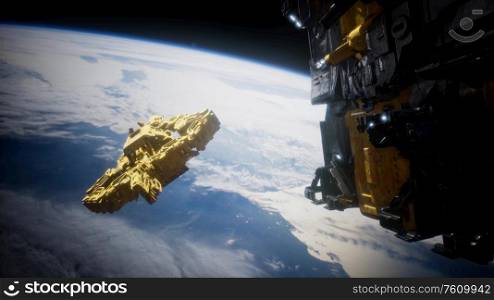 highly detailed huge spaceship approaching to the Earth. elements of this image furnished by NASA. Highly Detailed Huge Spaceship