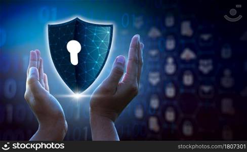 Highly secure IT device protection shield. blue background