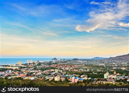 Hight angle view colorful sky over the Hua Hin city, Beautiful scenery town seaside at Prachuap Khiri Khan Province of Thailand