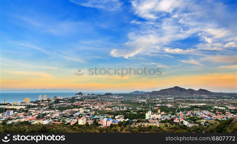 Hight angle view colorful sky over the Hua Hin city, Beautiful scenery town seaside at Prachuap Khiri Khan Province of Thailand