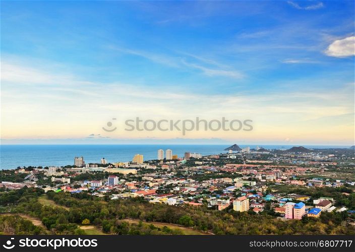 Hight angle view landscaped Hua Hin city in the evening, Beautiful scenery town seaside at Prachuap Khiri Khan Province of Thailand.