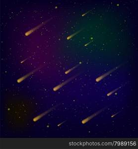 Hight Sky Background. Shooting Stars on Blue Space. Meteor Shower. Meteors Falling on Milky Way Background. Hight Sky Background