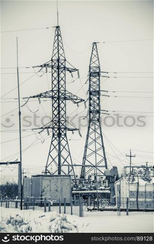 Hight voltage power transmission tower. Hight voltage power transmission tower. Power supply and energetics concept.