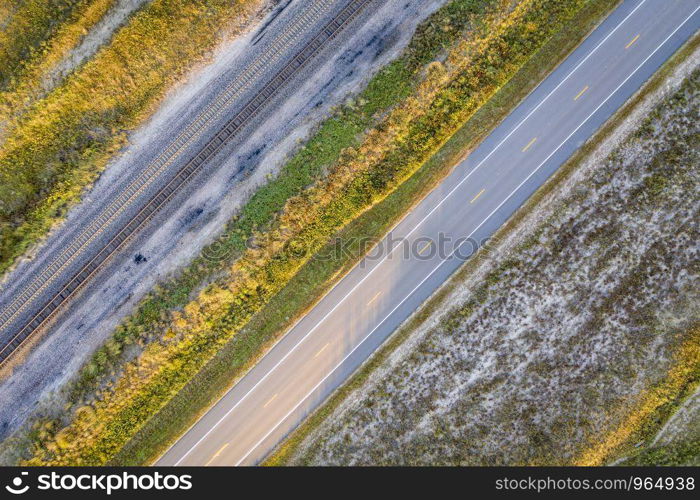 highway and railroad tracks in Nebraska Sandhills - late summer or early fall aerial view