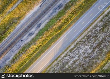 highway and railroad tracks in Nebraska Sandhills - late summer or early fall aerial view
