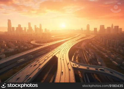 Highway metropolis at sunset. Transport road. Generate Ai. Highway metropolis at sunset. Generate Ai