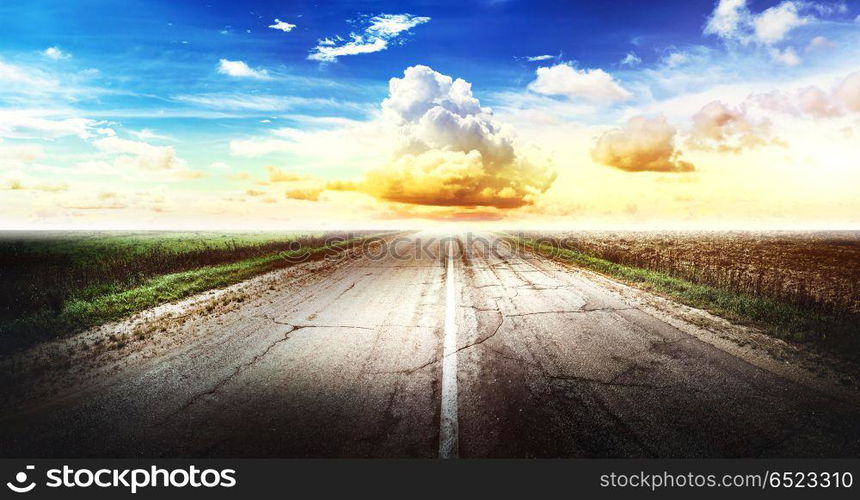 Highway road. Highway road. Forward direction. Outdoor trip panorama. Highway road