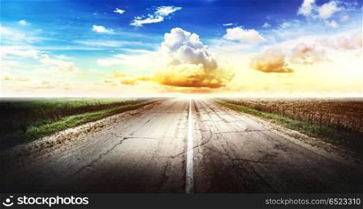 Highway road. Highway road. Forward direction. Outdoor trip panorama. Highway road