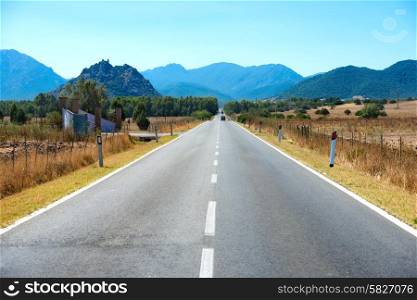 Highway road. Travel landscape with mountains on horizon