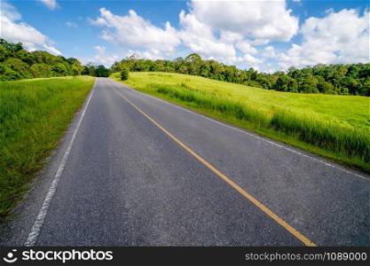Highway road up hill through green grass field under white clouds on blue sky in summer day. Road trip travel concept.