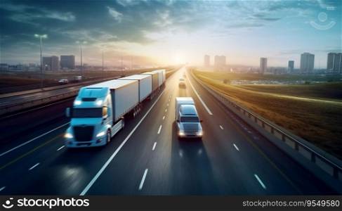 Highway Scene with Cargo Trucks Transporting Goods Emphasis