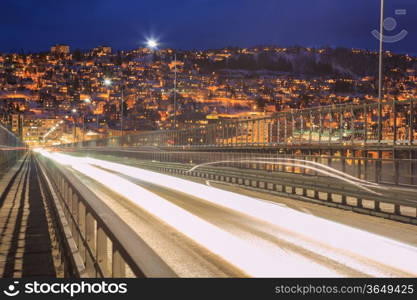 Highway Tromso Bridge to City at dusk, Troms Norway