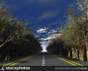 Highway with dense vegetation on a roadside - leaving in a distance (the contrast sky)