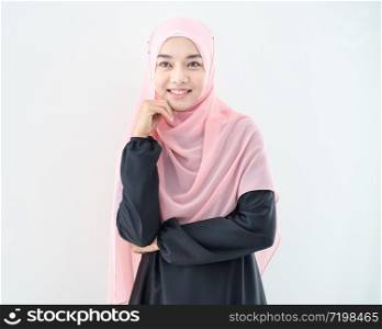 Hijab young asian businesswoman with smile expression face.
