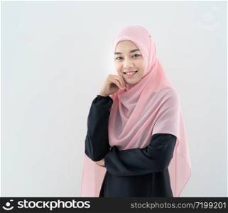 Hijab young asian businesswoman with smile expression face.