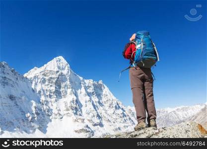 Hike in Himalayas. Hiker in Himalayas mountain. Nepal