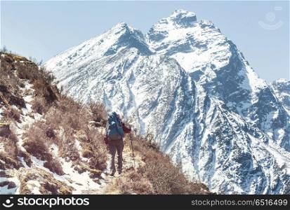Hike in Himalayas. Hiker in Himalayas mountain. Nepal