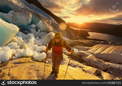hike in Norway mountains, Svartisen Glacier