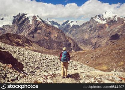Hike in Peru. Hiking scene in Cordillera mountains, Peru
