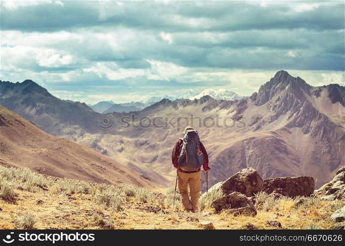 Hike in Peru. Hiking scene in Cordillera mountains, Peru