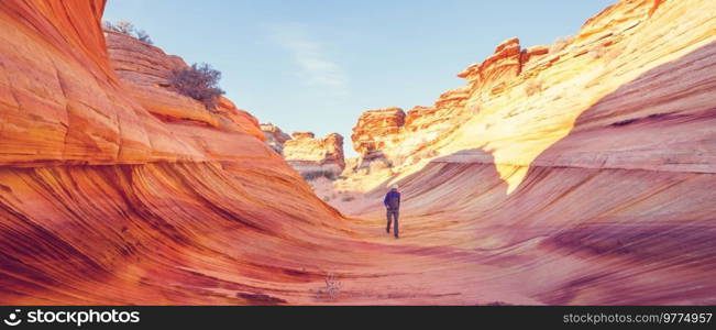 Hike in the Utah mountains. Hiking in unusual natural landscapes. Fantastic forms sandstone formations.