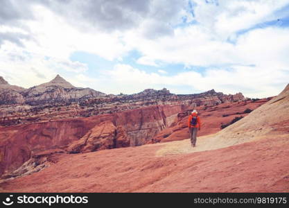 Hike in the Utah mountains. Hiking in unusual natural landscapes. Fantastic forms sandstone formations.