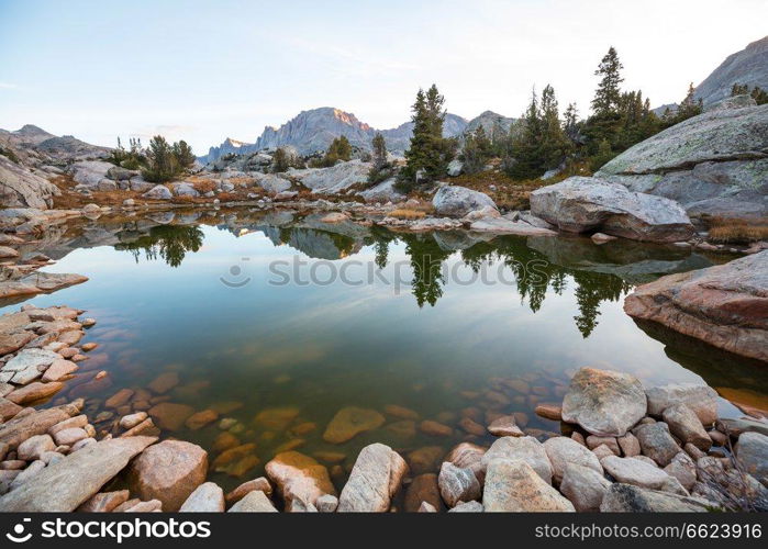 Hike in Wind River Range in Wyoming, USA. Autumn season.