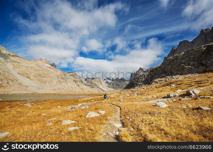 Hike in Wind River Range in Wyoming, USA. Autumn season.
