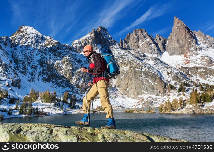 Hike to beautiful Minaret Lake, Ansel Adams Wilderness, Sierra Nevada, California,USA.Autumn season.