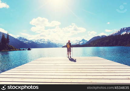 Hike to turquoise waters of picturesque Garibaldi Lake near Whistler, BC, Canada. Very popular hike destination in British Columbia.