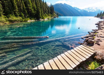 Hike to turquoise waters of picturesque Garibaldi Lake near Whistler, BC, Canada. Very popular hike destination in British Columbia.