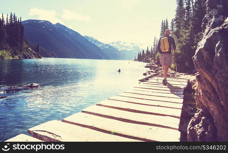 Hike to turquoise waters of picturesque Garibaldi Lake near Whistler, BC, Canada. Very popular hike destination in British Columbia.