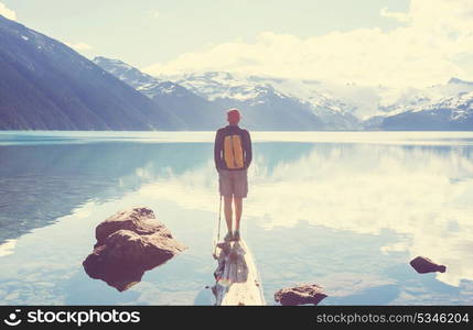 Hike to turquoise waters of picturesque Garibaldi Lake near Whistler, BC, Canada. Very popular hike destination in British Columbia.