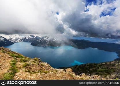 Hike to turquoise waters of picturesque Garibaldi Lake near Whistler, BC, Canada. Very popular hike destination in British Columbia.