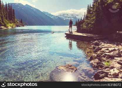 Hike to turquoise waters of picturesque Garibaldi Lake near Whistler, BC, Canada. Very popular hike destination in British Columbia.