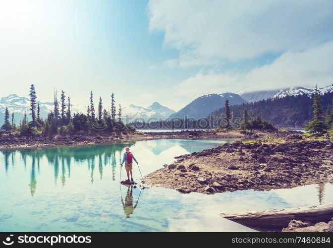 Hike to turquoise waters of picturesque Garibaldi Lake near Whistler, BC, Canada. Very popular hike destination in British Columbia.