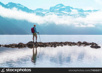 Hike to turquoise waters of picturesque Garibaldi Lake near Whistler, BC, Canada. Very popular hike destination in British Columbia.