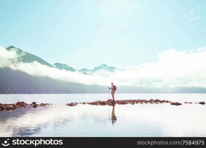 Hike to turquoise waters of picturesque Garibaldi Lake near Whistler, BC, Canada. Very popular hike destination in British Columbia.