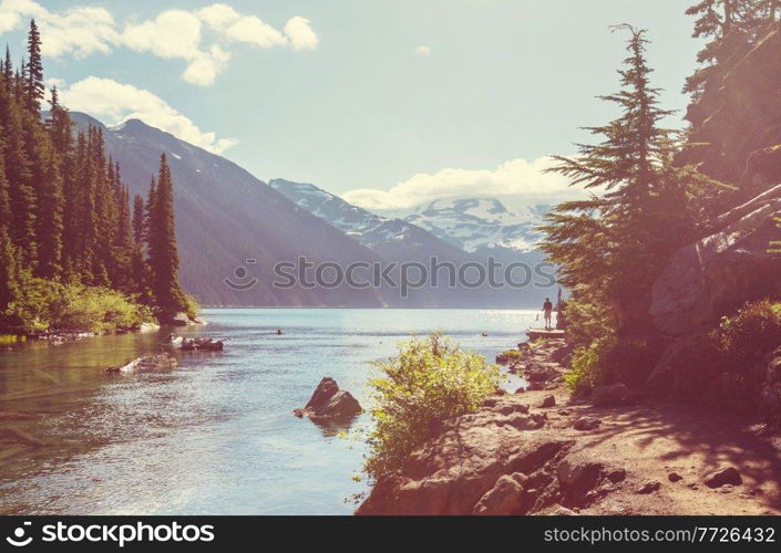 Hike to turquoise waters of picturesque Garibaldi Lake near Whistler, BC, Canada. Very popular hike destination in British Columbia.