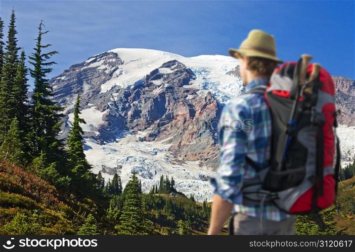 Hiker absorbing the magnificent view of Mount rainier. The hiker is out of focus, the view on the mountain is christal clear.